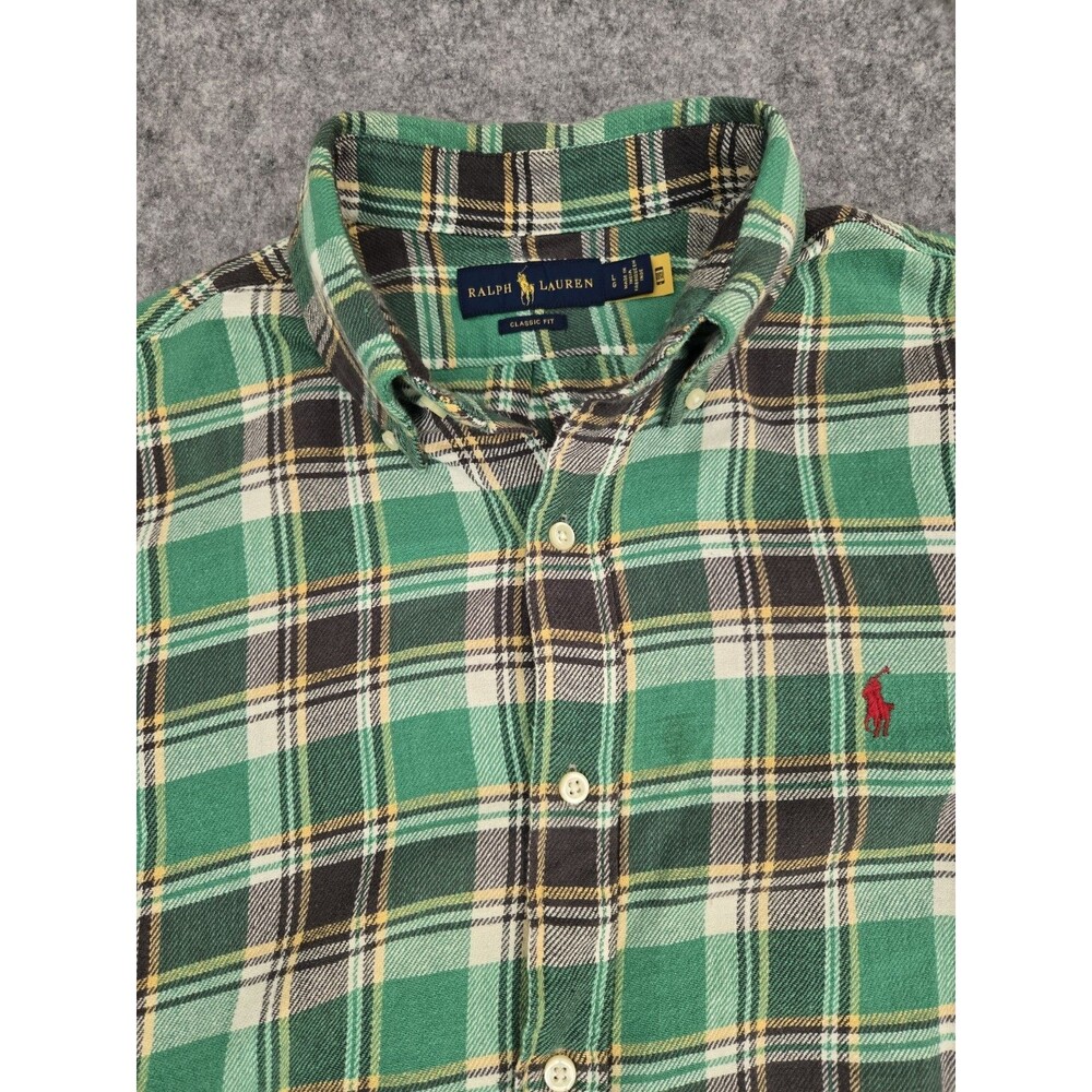 Polo Ralph Lauren Flannel Shirt Sz L Mens Green Gray Classic Fit Made in India